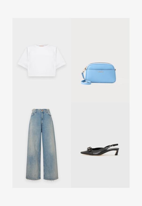 Kuttet hvit t-skjorte laget av mykt stoff, med korte ermer, rund hals og ribbestrikket detaljer nederst. Enkel og upradert design.; Lyseblå denim vide bukser med frynset kant, fem lommer og knappelukking. Har lett slitasje foran.; Svarte skinn slingback-sko med spiss tå, liten hæl og dekorativ spenne-detalj på overdelen. Glatt tekstur, minimalistisk design.; Lys blå skinn crossover-veske med gulltonet detaljer, glidelås lukking og en frontlomme. Har justerbar stropp for ekstra bekvemmelighet.