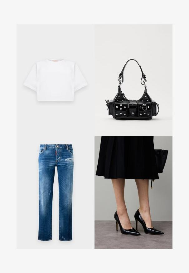 Rövid ujjú, puha anyagból készült, vágott fehér póló, kör alakú nyakkivágással és bordázott alsó résszel. Egyszerű és díszítetlen kialakítás.; Kék, slim-fit farmernadrág enyhe kopással, kissé megviselt jobb combon és bal szegélynél, elülső zsebekkel, övbújtatókkal és gombos zárással.; Fekete lakkbőr magas sarkú cipő hegyes orral és mély kivágású szárrésszel, elegáns sziluettel és fényes felülettel.; Fekete bőr kézitáska ívelt designnal, ezüst szegecsekkel, csattal és két oldalsó zsebbel. Állítható vállpánt a hordozási lehetőségekhez.
