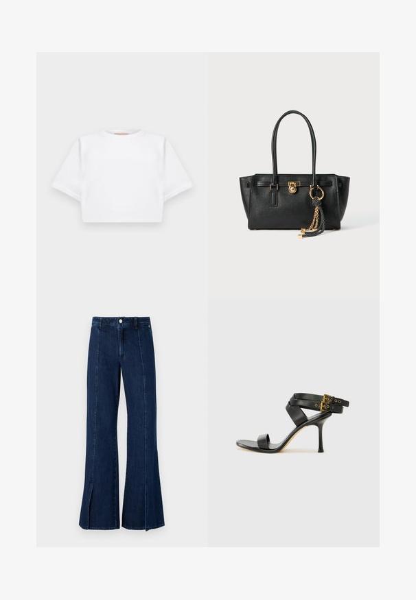 Tricou alb scurt dintr-un material moale, cu mâneci scurte, decolteu rotund și detalii ribbrate la margine. Design simplu și fără embellishments.; Jeansi din denim cu picioare largi, de culoare albastru închis, având talie înaltă, fante la tiv și un design clasic cu cinci buzunare, închidere cu nasture metalic.; Sandalie negre cu toc, cu curele încrucișate și cataramă ajustabilă. Prezintă o textură netedă și un toc stiletto conic.; Geantă de mână din piele neagră cu mânere duble, lacăt aurit și detalii cu lanț, împreună cu un accesoriu cu ciucuri alb-negru, pe fond alb.