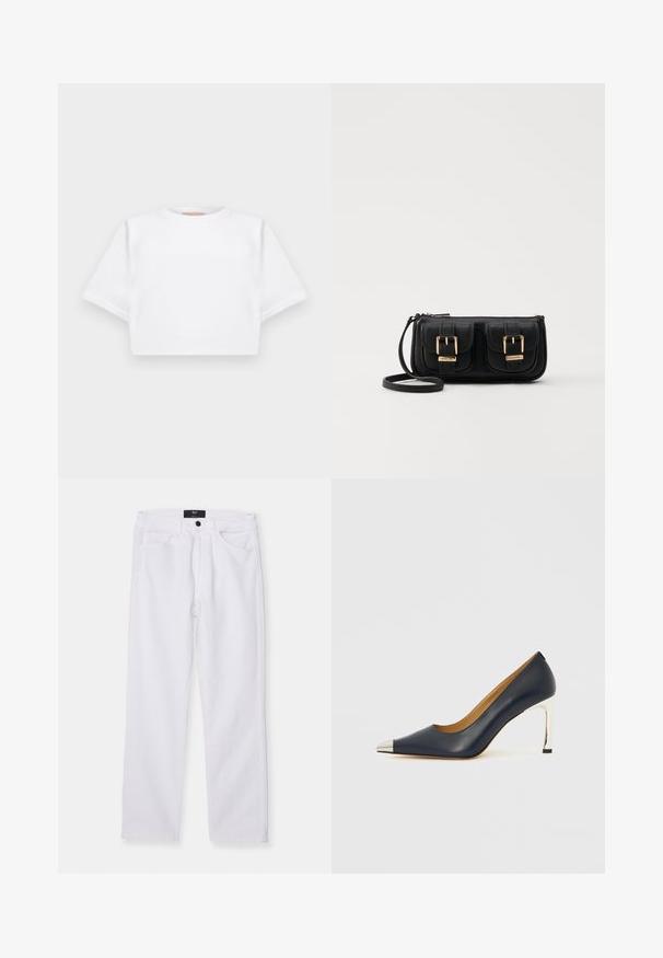 Trumpas baltas marškinėliai iš minkštos medžiagos, su trumpomis rankovėmis, apvaliu iškirpimu ir raukšlėtais hemų detalėmis. Paprastas ir be puošmenų dizainas.; Balti džinsai su tiesiu kirpimu, penkių kišenių dizainu ir priekiniais mygtukais. Ypatybė - lygus tekstūros paviršius ir matoma siuvimo dygsniai.; Tamsiai mėlynas odinis aukštakulnis batelis su smailiu priekiu, puoštas sidabrine metaline apsauga ir blizgiu sidabriniu stiletto kulnu.; Juodas odinis per petį nešiojamas krepšys su dviem priekiniais kišenėmis, auksiniais sagtimis, užtrauktuko uždarymu ir siauromis petnešomis. Textūruota paviršius ir kompaktiškas stačiakampis formatas.