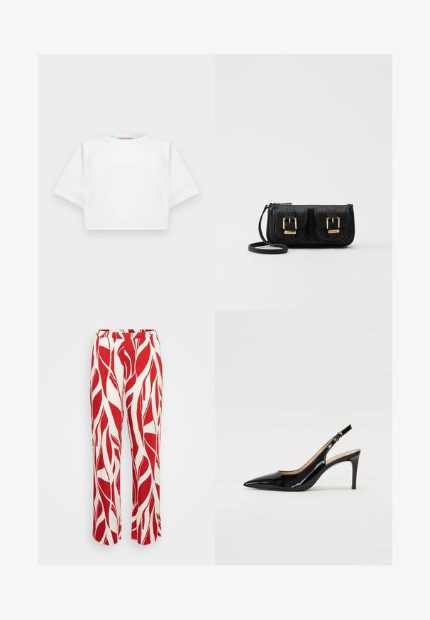 Cropped white t-shirt made of soft fabric, featuring short sleeves, a round neckline, and ribbed hem details. Simple and unembellished design.; Red and white patterned trousers with a leaf design, featuring a wide leg, elastic waistband, and lightweight fabric.; Black patent leather slingback pump with pointed toe, slim heel, and a subtle cutout design. Features a gold buckle on the strap.; Black leather crossbody bag with two front pockets, gold buckles, zipper closure, and a slim strap. Textured surface and compact rectangular shape.