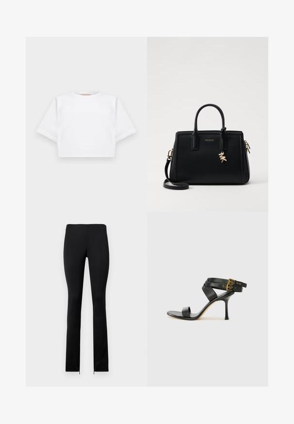 Rövid ujjú, puha anyagból készült, vágott fehér póló, kör alakú nyakkivágással és bordázott alsó résszel. Egyszerű és díszítetlen kialakítás.; Fekete, testhez simuló leggings sima textúrával, magas derékkal és bokazippzárokkal az egyszerű felvétel érdekében. Egyszerű, minimalista dizájn.; Fekete magassarkú szandál keresztpántos dizájnnal és állítható csattal. Simább felülettel és hegyes tűsarkúval rendelkezik.; Fekete bőr kézitáska strukturált dizájnnal, dupla felső fogantyúkkal, levehető vállpánttal, arany színű fémrészletekkel és logómedál díszítéssel.