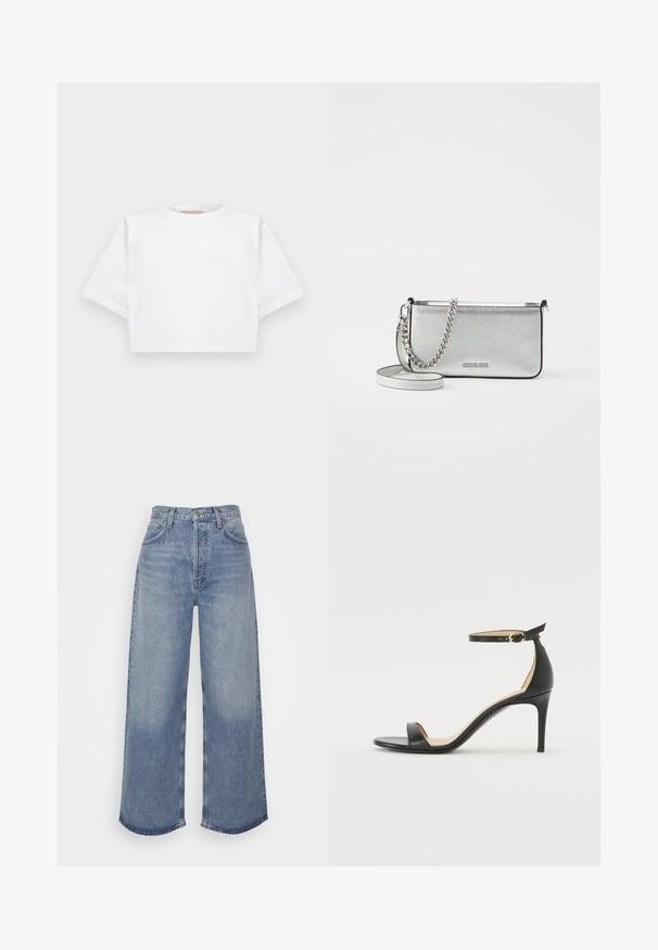 Trumpas baltas marškinėliai iš minkštos medžiagos, su trumpomis rankovėmis, apvaliu iškirpimu ir raukšlėtais hemų detalėmis. Paprastas ir be puošmenų dizainas.; Šviesiai mėlyni džinsai plačiomis kojomis su aukštu juosmeniu, turintys mygtuko užsegimą, penkias kišenes ir nusidėvėjusius kraštus. Lygi tekstūra, laisvas prigludimas.; Juodos oda aukštakulniai sandalai su kulkšnies dirželiu. Pasižymi lygiu paviršiumi, atviru pirštu ir plonu kulnu. Auksinės spalvos sagties detalė.; Sidabrinė odinė per petį nešiojama rankinė su tekstūruotu paviršiumi, grandinėlės ir dirželio akcentais, bei užtrauktuko uždarymu. Priekinėje pusėje yra logotipas.