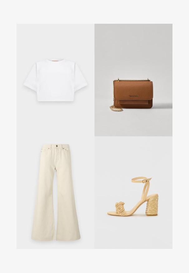 Izgriezta balta T-krekla no mīksta auduma, ar īsām piedurknēm, apaļu apkakli un ribota apakšmala. Vienkāršs un neizpušķots dizains.; Gai bēšas platās bikses, kas izgatavotas no kokvilnas. Tām ir augsts jostasvieta, piecas kabatas un pogu aizdare ar kontrastējošiem dūrieniem.; Bēšas augstpapēžu sandaļi ar pītas faktūras dizainu, kas ietver dekoratīvu ziedu un potītes siksnu. Kvadrātveida papēdis nodrošina stabilitāti.; Brūna teksturēta ādas plecu soma ar zelta ķēdes siksnu un atloka aizdari. Priekšpusē ir logotipa detaļa un kabata zem atloka.