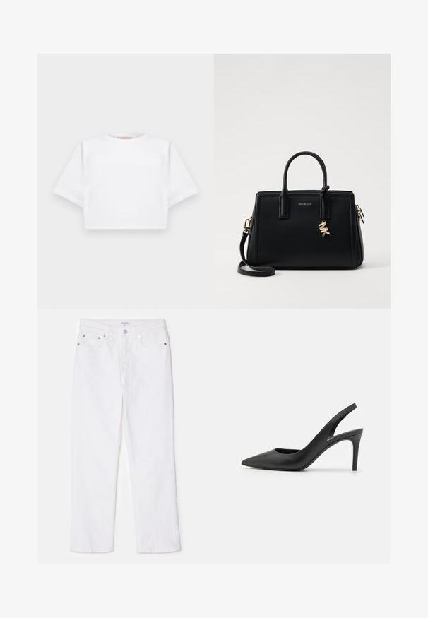 Lühikeste varrukatega, pehmest kangast lõigatud valge T-särk, millel on ümar kaelus ja soonikuga ääred. Lihtne ja ilma kaunistusteta disain.; Valged denim püksid sirge jala lõikega, klassikalise viie tasku paigutusega ja hõbedaste detailidega vööl.; Must musta sanga, millel on terav nina ja esiosas lõige, ning õhuke stiletto konts.; Musta nahast käekott struktureeritud disainiga, kahekordsete ülemiste käepidemetega, eemaldatav õlavööt, kuldne riistvara ja logotäht aktsent.