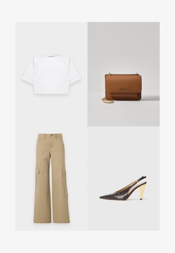 Gemiddelde witte T-shirt gemaakt van zachte stof, met korte mouwen, een ronde halslijn en geribbelde zoomdetails. Eenvoudig en ongecompliceerd ontwerp.; Beige cargobroek met wijde benen, voorzien van twee zijflapzakken, een knoopsluiting en een gladde katoenen stof.; Puntige slingback hak in donkerbruin glanzend faux krokodillenleer. Kenmerkt zich door een goudkleurige geometrische hak en een verstelbare enkelband.; Bruine lederen schoudertas met textuur, voorzien van een gouden kettingstrap en klepsluiting. De voorkant heeft een logo-detail en een zak onder de klep.