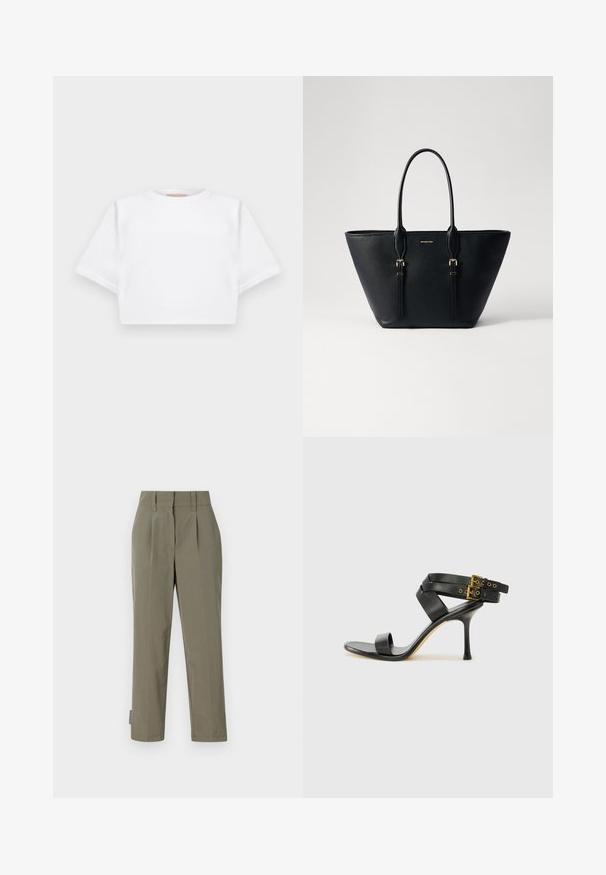 Rövid ujjú, puha anyagból készült, vágott fehér póló, kör alakú nyakkivágással és bordázott alsó résszel. Egyszerű és díszítetlen kialakítás.; Könnyű anyagból készült khaki nadrág, magas derékkal, redőkkel és egyenes lábakkal. Minimalista dizájn, látható fémalkatrészek nélkül.; Fekete magassarkú szandál keresztpántos dizájnnal és állítható csattal. Simább felülettel és hegyes tűsarkúval rendelkezik.; Fekete bőr tote táska texturált felülettel, megnyúlt formával, dupla fogantyúkkal és arany tónusú fém részletekkel.
