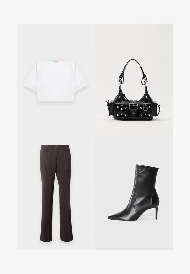 Rövid ujjú, puha anyagból készült, vágott fehér póló, kör alakú nyakkivágással és bordázott alsó résszel. Egyszerű és díszítetlen kialakítás.; Barna csíkos nadrág, testhez álló fazonnal, elöl gombos záródással és egyenes láb szabással. Sima szövettextúra.; Fekete bokacsizmák sima bőrből, hegyes orral, illeszkedő sínnel és karcsú, magas sarokkal. Minimalista dizájn, amelyen nincs látható fém munka.; Fekete bőr kézitáska ívelt designnal, ezüst szegecsekkel, csattal és két oldalsó zsebbel. Állítható vállpánt a hordozási lehetőségekhez.