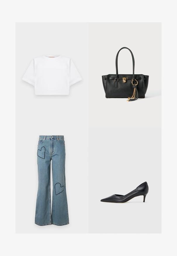 Kuttet hvit t-skjorte laget av mykt stoff, med korte ermer, rund hals og ribbestrikket detaljer nederst. Enkel og upradert design.; Lyseblå denim bukser med utsvingte ben som har to mørkeblå hjerteapplikasjoner på framsiden. Klassisk fem-lomme design med knappelukking.; Sort lærpumps med spiss tupp og lav hæl. Har en jevn tekstur og subtil glans. Åpen utskjæring foran for ekstra detalj.; Svart lærveske med doble håndtak, gulllås og kjededetalj, samt svart-hvite duskdekorasjoner mot hvit bakgrunn.