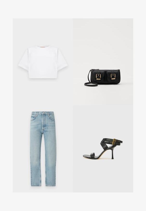 Kratka bela majica iz mehkega materiala, s kratkimi rokavi, okroglega izreza in rebrastimi robovi. Preprost in neokrašen dizajn.; Svetlo modri traper hlače naravnost kroja, z visokim pasom, petimi žepi, zapiranjem na gumb in zadrgo, z diskretnim madežem in kontrastnimi šivi.; Črne sandale na peto z križnimi trakovi in prilagodljivo zaponko. Imajo gladko teksturo in zožen peto.; Črna usnjena torbica čez ramo z dvema sprednjima žepoma, zlatimi zaponkami, zadrgo in ozkim pasom. Tekstura površine je strukturirana, obliko pa ima kompaktno pravokotno.