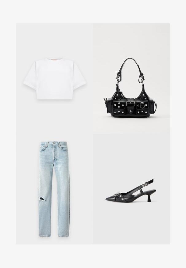 Κομμένη λευκή μπλούζα φτιαγμένη από μαλακό ύφασμα, με κοντά μανικά και στρογγυλή λαιμόκοψη, καθώς και ριγωτές λεπτομέρειες στο τελείωμα. Απλός και χωρίς διακοσμήσεις σχεδιασμός.; Ανοιχτού μπλε τζιν παντελόνι με ίσια γραμμή, που διαθέτει μια μεγάλη τρύπα στο αριστερό γόνατο και κλασικό σχέδιο πέντε τσεπών.; Μαύρο δερμάτινο παπούτσι slingback με μυτερή μύτη, διακοσμητικές λωρίδες με μεταλλικά μάτια και χαμηλό μπλοκ τακούνι. Υφή επιφάνειας.; Μαύρη δερμάτινη τσάντα χειρός με καμπύλο σχεδιασμό, που διαθέτει ασημένιους στρόφους, κούμπωμα και δύο πλευρικές τσέπες. Ρυθμιζόμενος ιμάντας για επιλογές μεταφοράς.