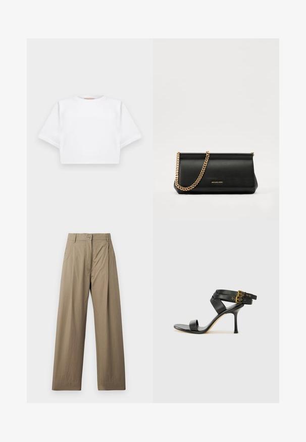 T-shirt branca corta, feita de tecido macio, apresentando mangas curtas, um decote redondo e detalhes de bainha canelada. Design simples e despretensioso.; Calças largas em caqui, feitas de um tecido de mistura de algodão, com fecho de botão, bolsos laterais e uma textura suave com um brilho subtil.; Sandal preto de salto alto com tiras cruzadas e fivela ajustável. Apresenta uma textura suave e um salto agulha afilado.; Mala de mão de couro preta com uma alça de corrente dourada, apresentando uma textura suave, forma retangular e uma marca gravada na parte da frente.