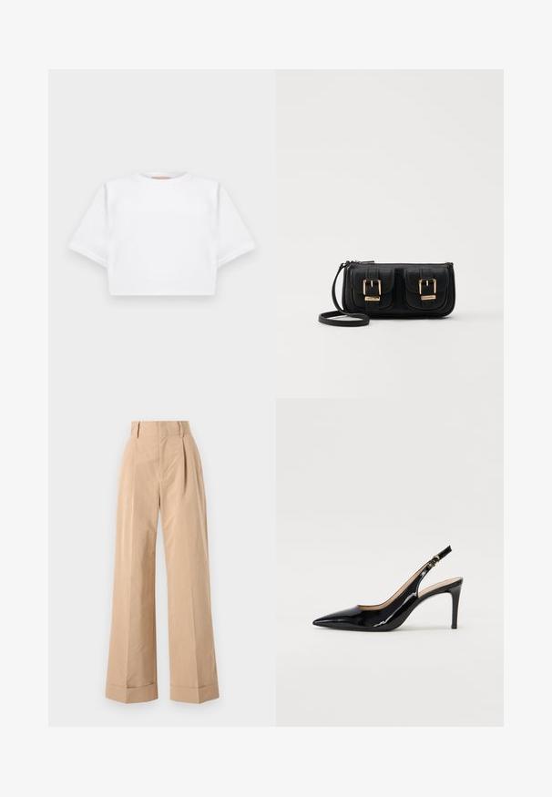 T-shirt branca corta, feita de tecido macio, apresentando mangas curtas, um decote redondo e detalhes de bainha canelada. Design simples e despretensioso.; Calças largas bejas com cintura alta, apresentando pregas e uma textura suave. As bainhas estão dobradas, acrescentando um detalhe estruturado.; Sandal com salto em verniz preto, bico fino, salto esguio e um design de recorte subtil. Apresenta uma fivela dourada na alça.; Bolsa de ombro em couro preto com dois bolsos frontais, fivelas douradas, fecho de zíper e uma alça fina. Superfície texturizada e forma retangular compacta.