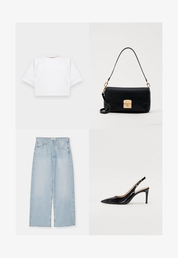 T-shirt branca corta, feita de tecido macio, apresentando mangas curtas, um decote redondo e detalhes de bainha canelada. Design simples e despretensioso.; Agolde REN - Calças de ganga de perna direita - blue denim; Sandal com salto em verniz preto, bico fino, salto esguio e um design de recorte subtil. Apresenta uma fivela dourada na alça.; Mala de mão em couro preto com uma forma retangular plana, acessórios dourados e uma pega superior. Apresenta um fecho por fecho e um detalhe com o logótipo assinatura.