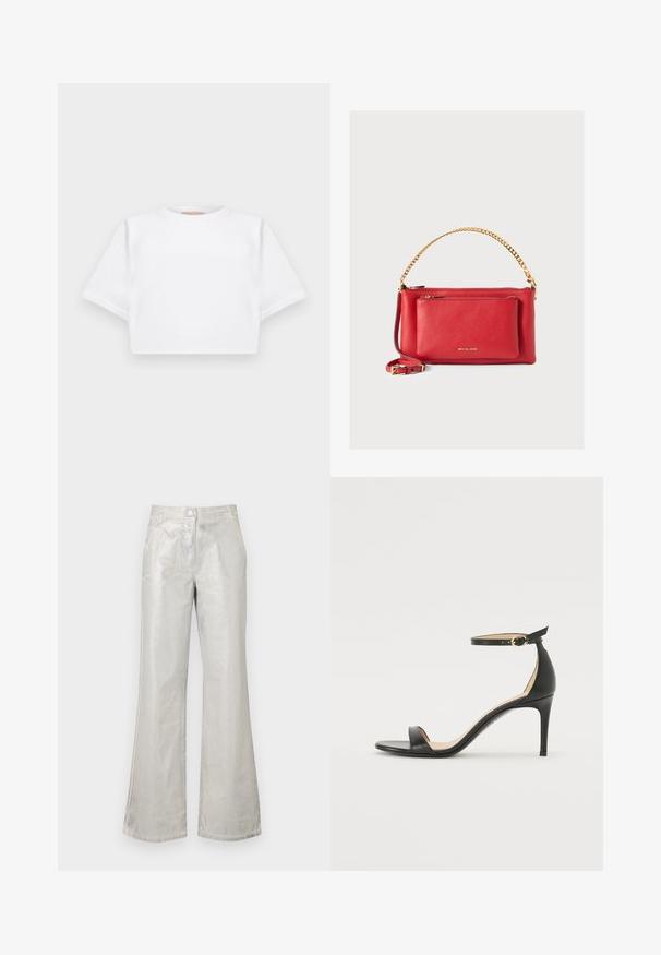 KFrakelse hvid t-shirt lavet af blødt stof, med korte ærmer, rund halsudskæring og ribbede nederste detaljer. Enkel og udekoreret design.; Sølvfarvede flare bukser lavet af et skinnende materiale, med lukning foran med knap, to lommer og synlige syninger.; Sort læder højhælede sandaler med ankelrem. Har en glat tekstur, åben tå og en tynd hæl. Guldtonet spænde detalje.; Rød læderhåndtaske med tekstureret overflade, gylden kæde og rem, lynlåslomme foran og præget logo. Kompakt og struktureret design.