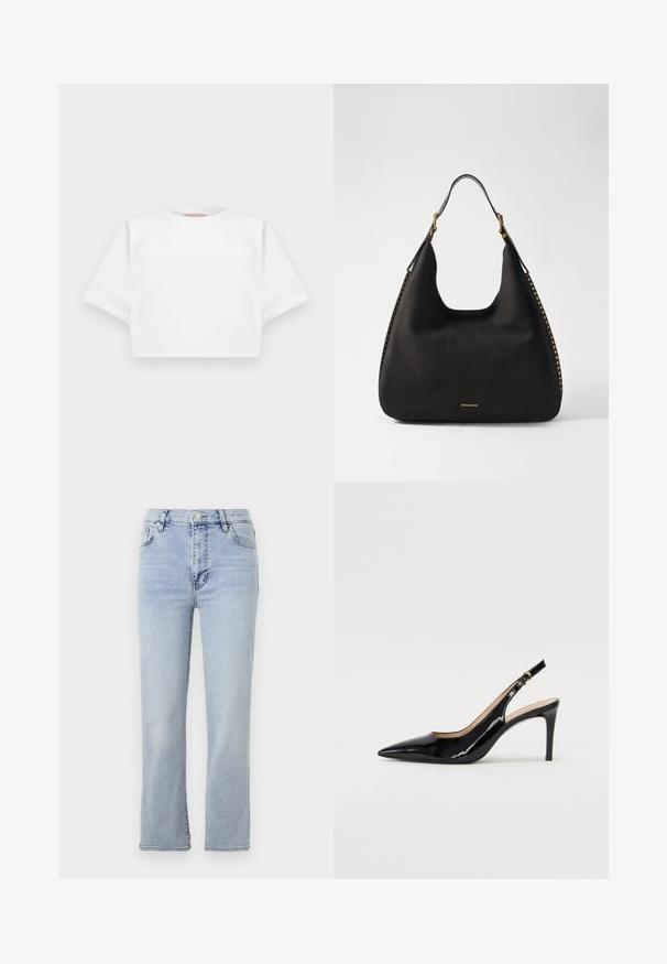 Izgriezta balta T-krekla no mīksta auduma, ar īsām piedurknēm, apaļu apkakli un ribota apakšmala. Vienkāršs un neizpušķots dizains.; Gai zili džinsi ar taisnu kāju dizainu, piecām kabatām, pogu un rāvējslēdzēja aizdari, kā arī redzamām šuvju detaļām.; Melnas lakotās ādas slingback kurpes ar izteiktu degunu, šauru papēdi un smalku izgriezumu dizainu. Siksniņai ir zelta sprādze.; MICHAEL Michael Kors NOLITA HOBO  - Rokassoma - black