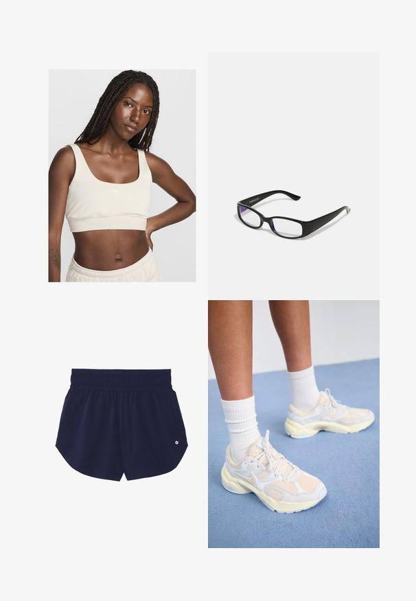 Világos bézs sportmelltartó, négyzet alakú kivágással, puha anyagból, fehér Nike logóval. Derék fölé vágott, felfedve a hasat.; Tengerészkék sportnadrág elasztikus derékpánttal, két oldalzsebbel és egy kis logóval a jobb alsó oldalon. Simaságú anyag és kényelmes szabás.; Karcsú sportcipők halvány sárga és fehér színben, hálós és szintetikus anyagokból készültek, lekerekített formával és texturált talppal rendelkeznek.; Fekete téglalap alakú szemüveg, átlátszó lencsékkel. Fényes felület, keskeny szárak, és lila árnyalat látható a lencsék szélén.