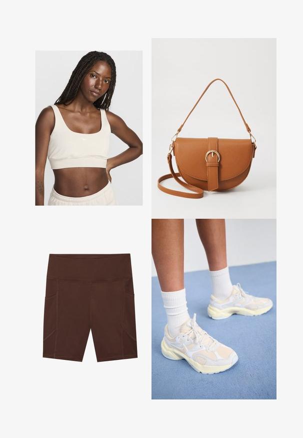Hellbeige Sport-BH mit quadratischem Ausschnitt, weichem Material und weißem Nike-Logo. Hoch geschnitten, zeigt den Bauch.; Braune Sportshorts aus glattem Stoff, mit hohem Bund, seitlichen Taschen und kontrastierenden Nahtdetails.; Elegante Sportschuhe in blassgelb und weiß, gefertigt aus Mesh- und Synthetikmaterialien, mit runder Form und strukturierten Sohlen.; Braune Leder-Crossbody-Tasche mit geschwungener Form, goldfarbenen Beschlägen und einer Schnallenakzentuierung. Verfügt über einen abnehmbaren Schultergurt.