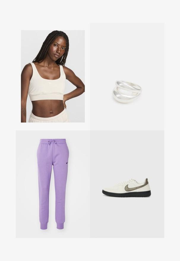 Šviesiai bežinė sportinė liemenėlė su kvadratine iškirpte, minkšta medžiaga ir balta "Nike" logotipu. Pjaustyta virš juosmens, atidengianti pilvą.; Nike Sportswear PANT - Treningo apatinė dalis - daybreak/black; Nike Sportswear FIELD GENERAL - Sportbačiai - off-white/black; Sidabrinis dvigubas žiedas su lygiu, poliruotu paviršiumi. Pasižymi sklandžiu, kreiptu dizainu su persipinančiomis dalimis, suteikiančiomis modernų išvaizdą.