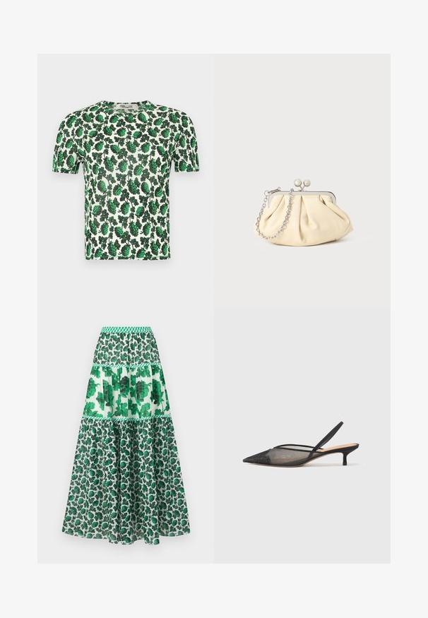 Top curto de mangas curtas com padrão floral verde, apresentando grandes folhas num fundo branco, feito de um material leve e elástico.; Saia maxi com padrão verde e cinta franzida. Apresenta um design em camadas com estampados florais e diferentes tons de verde.; NEOUS IRENA - Saltos clássicos - black; Clutch de couro bege plissado com uma estrutura de metal prateado, apresentando dois fechos decorativos redondos e uma alça de corrente prateada.
