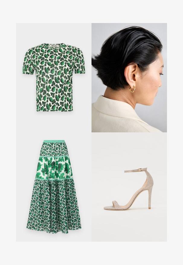 Zielona, kwiatowa bluzka z krótkim rękawem, ozdobiona dużymi liściastymi wzorami na białym tle, wykonana z lekkiego, elastycznego materiału.; Zielona spódnica maxi w wzory z elastycznym pasem. Posiada warstwowy krój z kwiatowymi nadrukami i różnymi odcieniami zielonego.; Sandały na wysokim obcasie z paskami w metalicznym odcieniu różowego złota, z teksturowaną cholewką, otwartym toe oraz paskiem wokół kostki z ozdobną złotą klamrą.; Złota metalowa kolczyk w kształcie obręczy noszona na krótkich czarnych włosach, prezentowana z boku, ukazująca gładką, wypolerowaną teksturę i nowoczesny design.