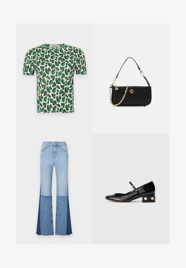 Žalias gėlių trumpomis rankovėmis viršus, pažymėtas dideliais lapų raštais ant baltos fono, pagamintas iš lengvo, tampraus audinio.; Džinsiniai platėjantys džinsai su šviesiai ir tamsiai mėlynos spalvos skirtingais audiniais, aukštu liemeniu ir suplėšytais kraštais, kad suteiktų papildomos tekstūros ir detalumo.; Juodas patentuotas Mary Jane batelis su kvadratiniu pirštu, kulkšnių dirželiu ir žemu blokiniu kulniuku, papuoštas dviem auksiniais akcentais blizgučiais.; Juoda rankinė su lygiu paviršiumi, turinti auksinį grandinėlės diržą, užtrauktuko uždarymą ir dekoratyvinį auksinį emblemos ženklą priekyje.