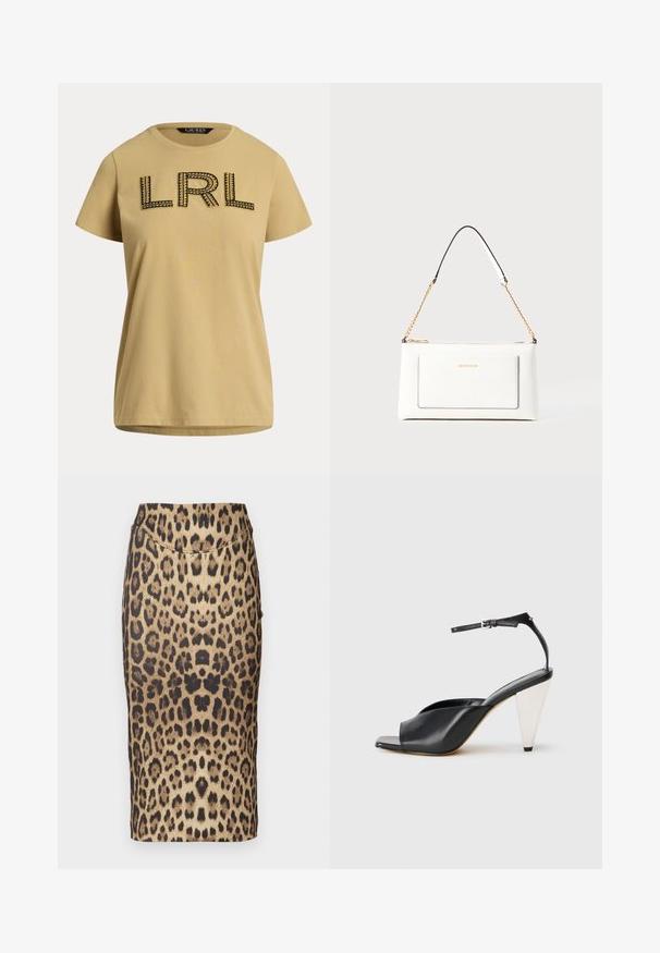 T-shirt de algodão de manga curta, amarelo mostarda, com o logo "LRL" bordado em negro e detalhes de costura decorativos. Decote redondo padrão.; Saia lápis com estampa de leopardo, apresentando um design justo, cintura média e textura suave. O padrão consiste em manchas marrons e pretas variadas.; Sandal de salto alto em couro preto com bico aberto, design assimétrico, tira no tornozelo e um salto metálico em forma de cone. Textura suave por toda a parte.; Bolsa de mão branca em couro com acabamento texturizado, featuring a corrente dourada e detalhes pretos. Inclui um bolso frontal e fecho com zipper.