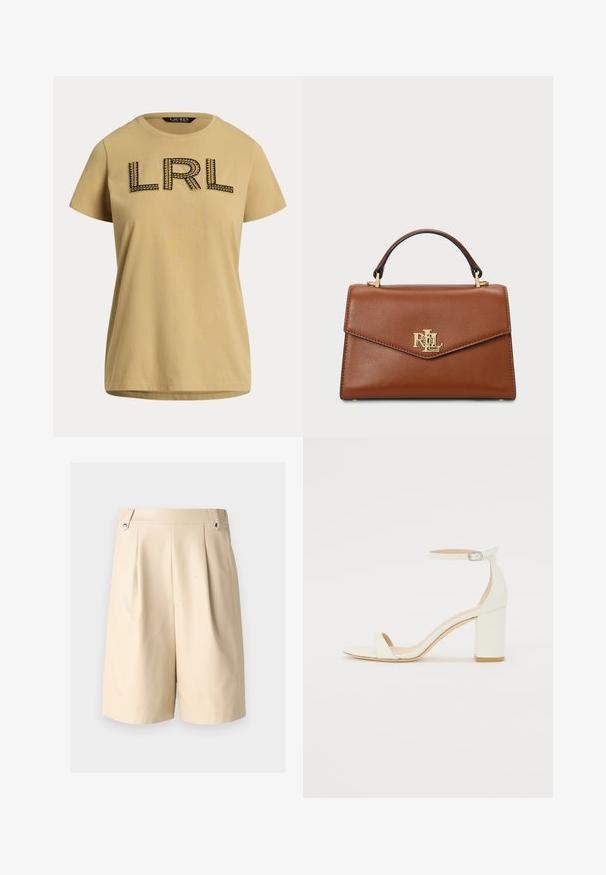 Rövid ujjú, mustársárga pamut póló, fekete hímzett "LRL" logóval és díszítő varrásokkal. Szabványos kerek nyakkivágás.; Beige, redőzött rövidnadrág sima textúrával, két oldalsó zsebbel és ezüst színű fém kiegészítőkkel a derékon.; Fehér bőrsarkú szandál bokaankarral és csattal, minimális dizájnnal. Nyitott orrú és sima textúrákkal az egész felületen.; Barna bőrtáska struktúrált kialakítással, felülről fogható nyéllel, aranyszínű fémrészletekkel és logóval az elején. Simább textúrájú.
