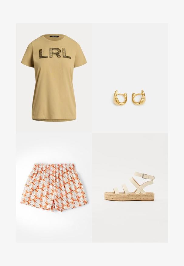 Majica s kratkimi rokavi iz bombaža v gorčični barvi s črnim vezenim logotipom "LRL" in dekorativnim šivom. Standardni kroj ovratnika.; Bela kratka hlače z oranžnim vzorcem palmovega lista, z elastičnim pasom in ohlapnim krojem. Narejene iz lahkega materiala, primerne za toplejše vreme.; Svetlo bež usnjene espadrile s štirimi križnimi trakovi in paščkom okoli gležnja, ki imajo pleteni jute podplat ter raven gumijast dno.; Zlate uhane v obliki obroča z gladkim, zaobljenim dizajnom in sijajno obdelavo. Uhane odlikuje kompaktna, debela oblika in brezšivna sponka.