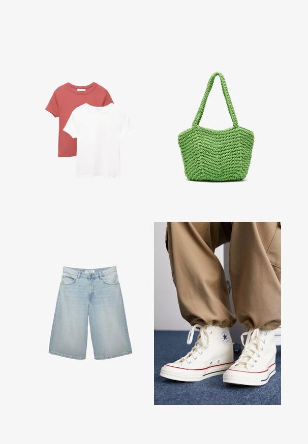 Zwei kurzärmelige T-Shirts; eines in Terrakotta mit einem Rundhalsausschnitt und eines in Weiß. Beide bestehen aus weichem Baumwollmaterial.; Hellblaue Jeansshorts mit weit geschnittenem Design, ausgestattet mit fünf Taschen, Gürtelschlaufen und einem Reißverschluss. Glatte Textur mit leichter Ausbleichung.; Weisse hohe Sneaker aus Canvas mit Gummisohle, ausgestattet mit einem schwarzen Sternlogo und roten sowie navyblauen Streifenakzenten.; Grüne gestrickte Tragetasche mit einer strukturierten Oberfläche, ausgestattet mit zwei stabilen Griffen und einem offenen Design. Ideal für den täglichen Gebrauch.