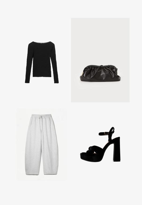 Zwarte trui met lange mouwen, voorzien van een textuur gebreide patroon, wijd halslijn en een rechte snit. Heeft ribgebreide manchetten en zoom.; Lichtgrijze sweatpants met een ontspannen pasvorm, elastische tailleband, trekkoord en zijzakken; gemaakt van zachte, gestructureerde stof.; Zwarte platform sandalen met een chunky hak, gemaakt van suede, met een geknoopte voorkant en een verstelbare enkelband met een metalen gesp.; Zwarte leren clutch met geplooide bovenkant, ritsluiting en gouden hardwareaccenten. Gladde textuur met reliëflogo-detail.; Rhinestone armband met een zilverkleurige ketting, met gelijkmatig verdeelde heldere cristallen en een veilige sluiting, met een gepolijste afwerking.