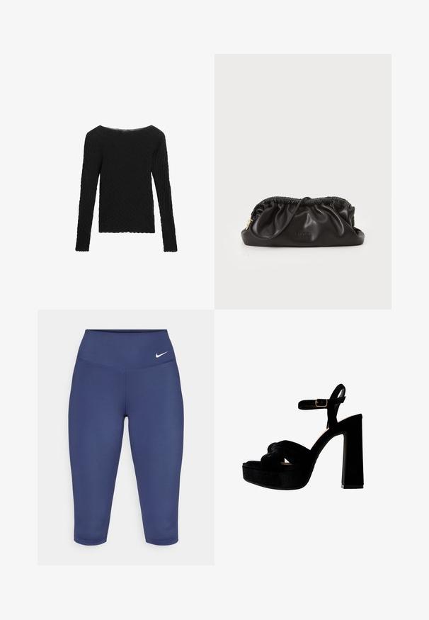 Zwarte trui met lange mouwen, voorzien van een textuur gebreide patroon, wijd halslijn en een rechte snit. Heeft ribgebreide manchetten en zoom.; Marineblauwe capri leggings van rekbare stof, met een brede tailleband en een klein wit logo aan de linkerkant. Geen zichtbare naden.; Zwarte platform sandalen met een chunky hak, gemaakt van suede, met een geknoopte voorkant en een verstelbare enkelband met een metalen gesp.; Zwarte leren clutch met geplooide bovenkant, ritsluiting en gouden hardwareaccenten. Gladde textuur met reliëflogo-detail.; Rhinestone armband met een zilverkleurige ketting, met gelijkmatig verdeelde heldere cristallen en een veilige sluiting, met een gepolijste afwerking.