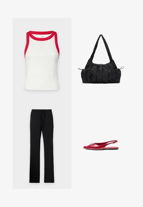Camisola sem mangas branca com riscas vermelhas no pescoço e nas cavas. Apresenta um design ajustado e um acabamento reto. Tecido texturizado. Logótipo da marca visível.; Calças de fato pretas com um ajuste relaxado, feitas de um tecido macio, apresentando uma cintura elástica com cordão e sem bolsos visíveis.; Sandal em pele vermelho com talão aberto, ponta afiada e um detalhe decorativo de laço na parte da frente, apresentando uma tirinha fina no tornozelo e sola plana.; Mala de tecido preto com textura franzida, duas alças de ombro e fecho de cordão nas laterais. Material suave e leve.