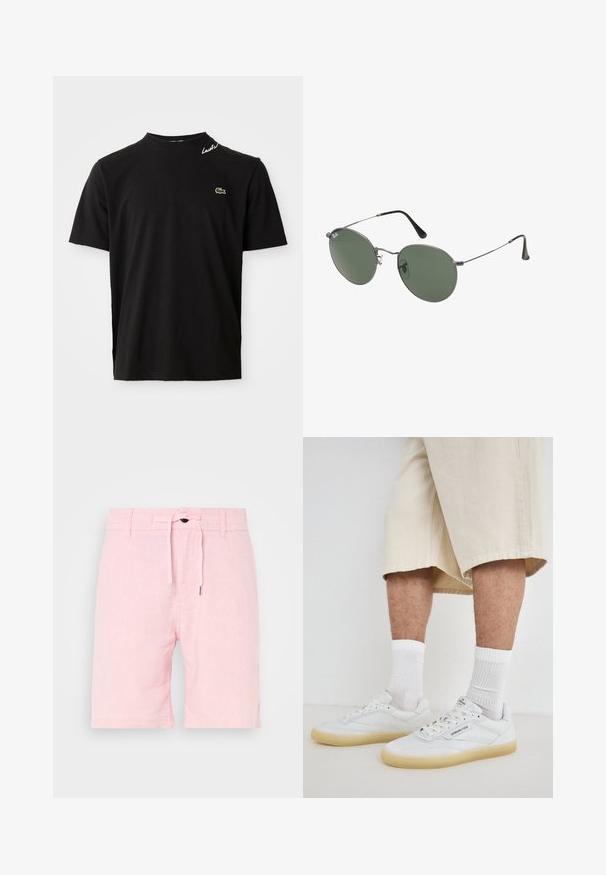 Svart T-skjorte med korte ermer og rund hals, med en liten grønn krokodille-logo på brystet og hvit kursiv tekst "Lacoste" nær kragen.; Lyserøde linshorts med snor i taljen, der har en glat overflade, kort længde og diskrete sidesprækker for større bevægelsesfrihed.; Hvite skinningssneakers med gummisåler, med perforerte detaljer, snøring og logo på tungen. Brukt med hvite ankelsokker og beige shorts.; Metallinnrammede solbriller med ovale grønne linser. Tynn sølvfarget metallramme og svarte øreplugger. Minimalistisk design, ingen synlige logoer.