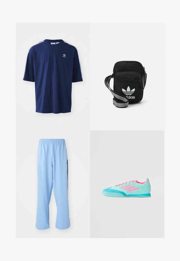 Granatowa bawełniana koszulka z krótkim rękawem, okrągłym dekoltem, trzema białymi paskami na ramionach i małym białym logo na piersi.; Jasnoniebieskie spodnie sportowe wykonane z gładkiego materiału, z elastycznym pasem i kontrastującymi czarnymi paskami po bokach.; Turkusowy but sportowy z różowymi akcentami, z górną częścią wykonaną z gładkiego materiału tekstylnego, zamszowym czubkiem i żłobioną gumową podeszwą.; Czarna torba crossbody wykonana z materiału, z zamknięciem na zamek błyskawiczny, z białym logo Adidas oraz regulowanym paskiem w paski, co ułatwia noszenie.