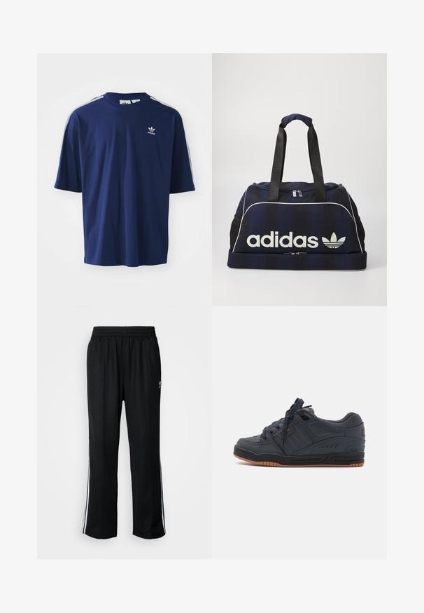 Navy kék pamut póló rövid ujjal, kerek nyakkal, három fehér csíkkal a vállakon és egy apró fehér logóval a mellkason.; Fekete sportnadrág rugalmas derékrésszel, fehér oldalsávokkal és egy kis logóval. Az anyaga lágy és könnyűnek tűnik.; Globe FUSION - Gördeszkacipők - phantom/burnt orange; Tengerészkék sporttáska fehér Adidas logóval, cipzáras tetővel, két strapabíró fekete fogantyúval és oldalsó hálós zsebekkel. Sima szövetfelület.