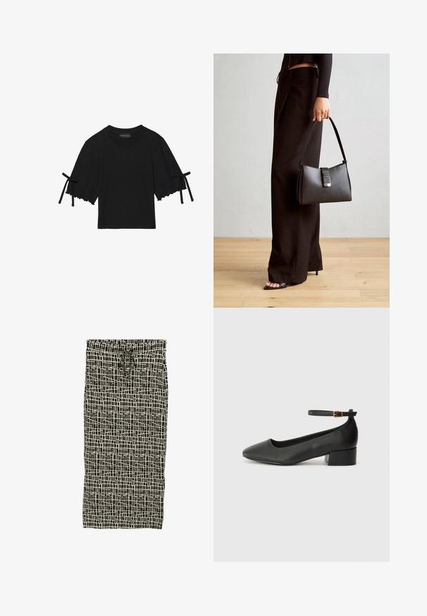 Lyhythihainen musta puuvillapaita, jossa on röyhelöhelma ja nauhakoristeet hihoissa. Omaaa pyöreän kaula-aukon ja rentoa istuvuutta.; Mustavalkoinen kuvioitu hame, jossa on nauhavyötärö, ja se esittelee ruudukkomaisen kuvion sekä pehmeän, sileän pinnan.; Mustat nahkakengät, joissa on terävä kärki ja matala lohkare korko. Varustettu nilkkahihnalla, jossa on kultasävyinen solki. Lisää sileä pinta.; Musta käsilaukku, jossa on rakenteellinen muoto, sileä pinta ja metallinen solki. Yhdistetty leveisiin mustiin housuihin ja avonaiheisiin sandaaleihin puulattialla.