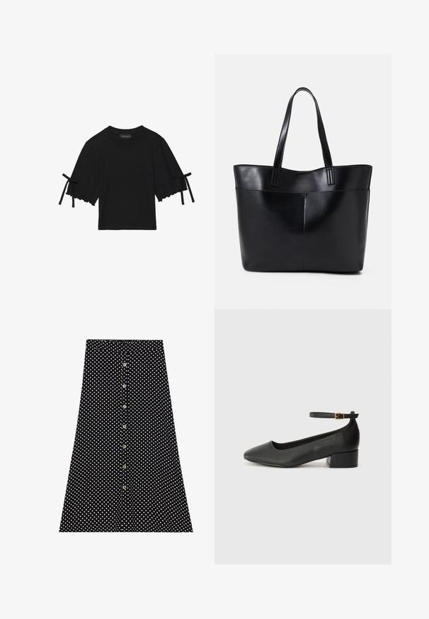 Kortsleeve svart bomullstop med volangkant og sløyfebånddetaljer på ermene. Har rund hals og en avslappet passform.; Svart skjørt med hvite prikker, med knappelukking foran, utsvingt design og elastisk midje. Glatt tekstur.; Sorte skinnpumper med spiss tå og lav blokkhelt. Har ankelrem med gullfarget spenne. Glatt tekstur.; Svart lær toteveske med to lange håndtak, en glatt tekstur og en strukturert form. Har en frontlomme for ekstra oppbevaring.