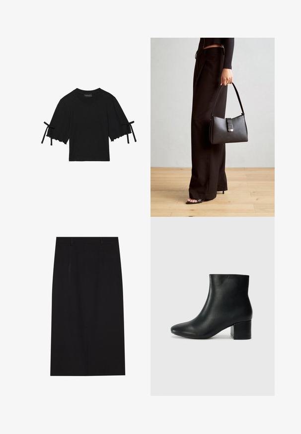 Čierny bavlnený top s krátkym rukávom, s volánovým zakončením a mašľovými detailmi na rukávoch. Má okrúhly výstrih a voľný strih.; Čierna sukňa po kolená v strihu zúženého ceruzkového typu vyrobená z hladkej tkaniny. Obsahuje jednoduchý dizajn s dvoma prednými švami a skrytým zipsom na zadnej strane.; Čierne kožené členkové čižmy s špicatou špičkou a hrubým podpätkom. Hladká textúra s minimálnymi akcentmi a elegantným, priliehavým dizajnom.; Čierna kabelka so štruktúrovaným tvarom, hladkou textúrou a kovovou sponou. V kombinácii so širokými čiernymi nohavicami a sandálmi s otvorenou špičkou na drevenej podlahe.