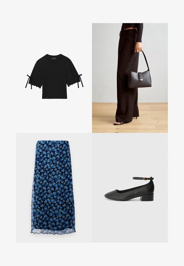 Melna kokvilnas blūze ar īsām piedurknēm, kuru apakšējā mala ir ar volānu un piedurknēm rotāta ar mezglotiem akcentiem. Tās dizainā ir apaļa kakla izgriezums un brīvi pieguļoša forma.; Ziedu raksta svārki tumši zilā krāsā ar gaiši ziliem margrietiņu motīviem, caurspīdīgs audums, viļņots apakšmalas dizains un taisna silueta.; Melnas ādas sūkņi ar smailu purngalu un zemu bloku papēdi. Iezīmēts ar potītes siksniņu ar zelta krāsas sprādzi. Gluda tekstūra.; Melnā somiņa ar strukturētu formu, gludu tekstūru un metālu sprādzi. Saskaņota ar platām melnām biksēm un sandālēm ar atvērtu purngalu uz koka grīdas.