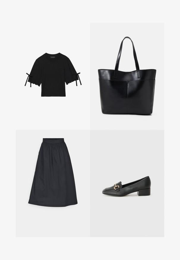 Top din bumbac negru, cu mâneci scurte, cu margine volanată și accente cu fundițe pe mâneci. Prezintă un guler tip echipaj și o croială lejeră.; Fustă neagră, până la genunchi, din bumbac. Prezintă un brâu gathered și o textură netedă, cu o siluetă evazată și fără modele vizibile.; Loaferi negri din piele, cu toc plat, având un detaliu decorativ din hardware auriu în față și o textură netedă.; Geantă oversized din piele neagră, cu două mânere lungi, de textură netedă și formă structurată. Are un buzunar frontal pentru stocare suplimentară.