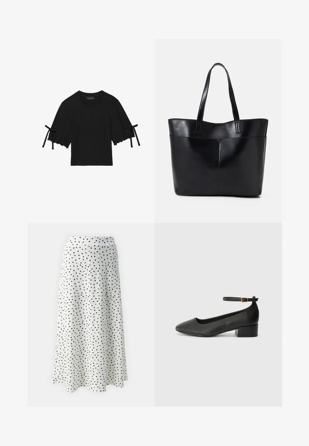 Rövid ujjú, fekete pamut felső, fodros aljjal és masnis díszítéssel a hosszú ujjakon. Kerek nyakkivágással és laza szabással készült.; Fehér midi szoknya fekete pöttyökkel, textúrált anyagból készült, bővülő sziluettel, finom derékrésszel.; Fekete bőr magassarkú cipő hegyes orral és alacsony tömb sarkal. Bokapánttal rendelkezik, aranyszínű csattal. Simább textúra.; Fekete bőr bevásárlótáska két hosszú fogantyúval, sima felülettel és strukturált formával. Elülső zseb található rajta a plusz tárolás érdekében.