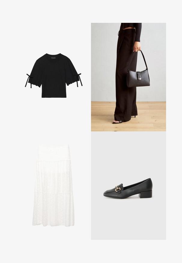 Čierny bavlnený top s krátkym rukávom, s volánovým zakončením a mašľovými detailmi na rukávoch. Má okrúhly výstrih a voľný strih.; Biela vrstvená sukňa s textúrovanou tkaninou, širokým pásom a vzdušným strihom. Materiál vykazuje jemné vzory po celom svojom povrchu.; Čierne kožené mokasíny s plochým podpätkom, ktoré majú dekoratívny zlatý kovový detail vpredu a hladkú textúru.; Čierna kabelka so štruktúrovaným tvarom, hladkou textúrou a kovovou sponou. V kombinácii so širokými čiernymi nohavicami a sandálmi s otvorenou špičkou na drevenej podlahe.