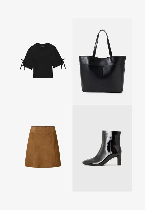 Lühikeste varrukatega must puuvillane topp, millel on volangiga alus ja lipsu aktsendid varrukatel. Omab ümarat kaelust ja sundimatut lõiget.; Prune suedes mini seelik otse lõikega, sileda tekstuuri ja tagumise tõmbluku sulgemisega. Lihtne disain, ilma täiendavate aksessuaarideta.; Must-sinine nahkjalats musta läikiva viimistlusega, millel on terav nina ja keskmise kõrgusega plokk konts. Sile tekstuur ja minimalistik disain.; Must mustaga musta nahast, millel on kaks pikka kanda, sile tekstuur ja struktureeritud kuju. Esipoolsel on lisakoti jaoks tasku.