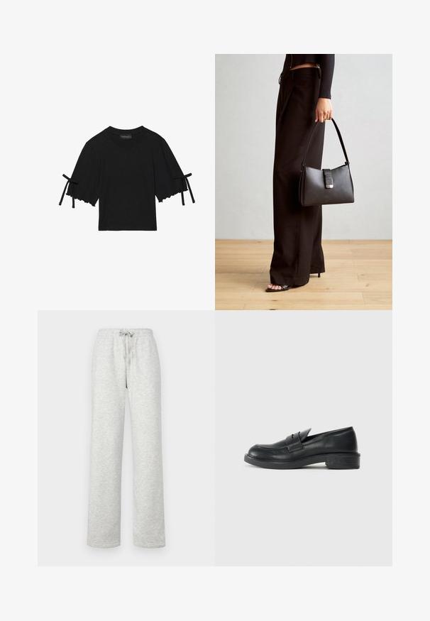 Krátký černý bavlněný top s volánkovým lemem a mašličkami na rukávech. Má kulatý výstřih a uvolněný střih.; Gina Tricot Tall BASIC STRAIGHT - Teplákové kalhoty - grey; Černé kožené mokasíny s kulatou špičkou, prošitými detaily a malým podpatkem. Hladký povrch a flexibilní gumová podrážka.; Černá kabelka se strukturovaným tvarem, hladkým povrchem a kovovým uzávěrem. Kombinována s širokými černými kalhotami a sandály s otevřenou špičkou na dřevěné podlaze.