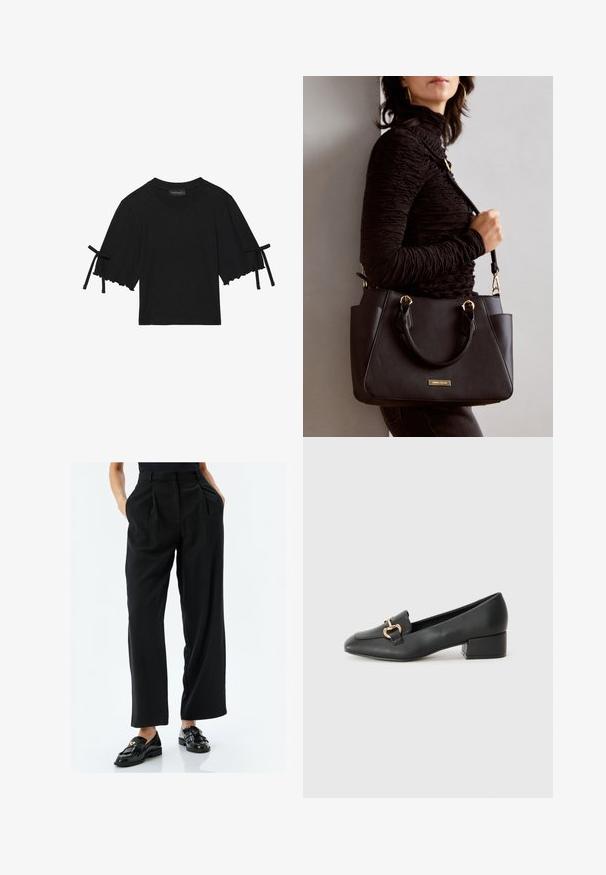 Schwarzes Baumwolloberteil mit kurzen Ärmeln, gerüschtem Saum und Schleifenakzenten an den Ärmeln. Mit Rundhalsauschnitt und bequemer Passform.; Schwarze, weite Hosen aus glattem Stoff, mit vorderen Falten und seitlichen Taschen. Kombiniert mit glänzenden schwarzen Slippern, die Fransen und einen goldenen Akzent haben.; Schwarze Lederloafers mit flachem Absatz, die auf der Vorderseite ein dekoratives goldfarbenes Hardware-Detail und eine glatte Textur aufweisen.; Schwarze Handtasche mit strukturierten Oberflächen, doppelten Obergriffen und verstellbarem Schultergurt. Mit goldfarbener Hardware und Seitentaschen.
