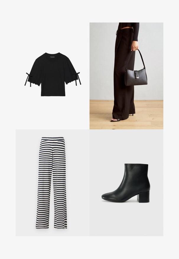 Kortsleeve svart bomullstop med volangkant og sløyfebånddetaljer på ermene. Har rund hals og en avslappet passform.; Vidde ben bukser laget av strikket stoff, med marineblå og kremfargede horisontale striper, teksturert overflate og elastisk midjebånd.; Sorte skinn ankelsko med spiss tå og chunky hæl. Glatt tekstur med minimale detaljer og et elegant, tettsittende design.; Svart håndveske med strukturert form, jevn tekstur og metallisk lås. Kombinert med brede svarte bukser og sandaler med åpen tå på tregulv.