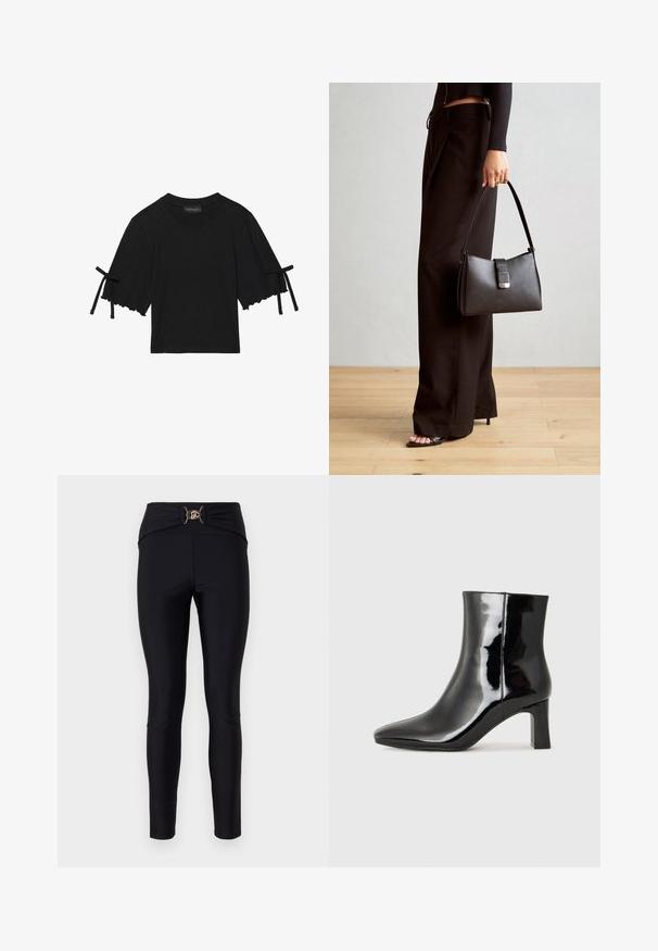 Trumpas juodas medvilnės marškinėlis su raukiniais apatinėje dalyje ir kaspinėlių akcentais ant rankovių. Turi apvalų kaklą ir laisvą siluetą.; Juodos legging'ų su aukšta juosmens juosta, priekyje su auksiniu dekoratyviniu užsegimu, pagaminti iš lygaus, tampraus audinio.; Juodos lakuotos odinės aulinukės su smailiu pirštu ir vidutinio aukščio blokuotu kulnu. Lygus paviršius ir minimalistinis dizainas.; Juodas rankinė struktūrizuota forma, lygi tekstūra ir metalinis užsegimas. Suporuota su plačiomis juodomis kelnėmis ir atvirais bateliais ant medinių grindų.