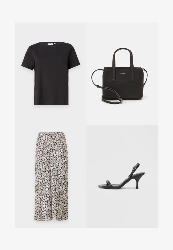 Black cotton t-shirt with short sleeves, a crew neckline, and a simple, clean design. No visible patterns or embellishments.; Floral wide-leg trousers featuring a black background with white daisies and red accents, made from lightweight fabric with a smooth texture.; Black leather high-heeled sandals with a slim, curved heel and a crossed strap design. Adjustable ankle strap. Smooth texture.; Black handbag with dual short handles and a removable shoulder strap. Smooth leather-like material with a zip closure and logo detail.