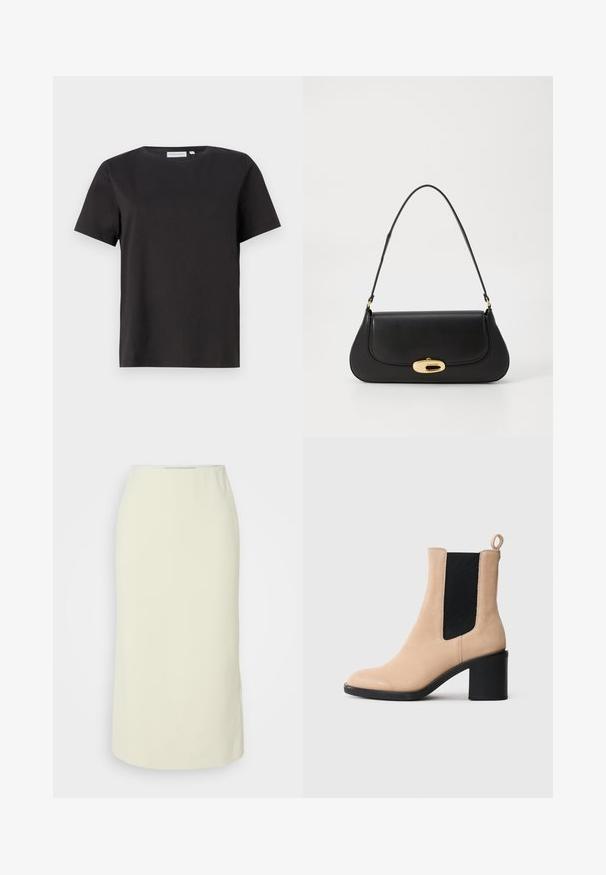 T-shirt en coton noir à manches courtes, avec un col rond et un design simple et épuré. Pas de motifs ou d'ornements visibles.; Jupe crayon beige clair avec une texture lisse, taille haute et de longueur genou. Simple, sans motifs supplémentaires ni matériel visible.; Bottine en suede beige avec un talon bloqué, présentant un gousset élastique noir et une languette à l'arrière. Texture lisse et design à bout rond.; Sac à main en cuir noir avec un design incurvé, matériel doré et une poignée sur le dessus. Présente une fermeture élégante et une texture lisse.